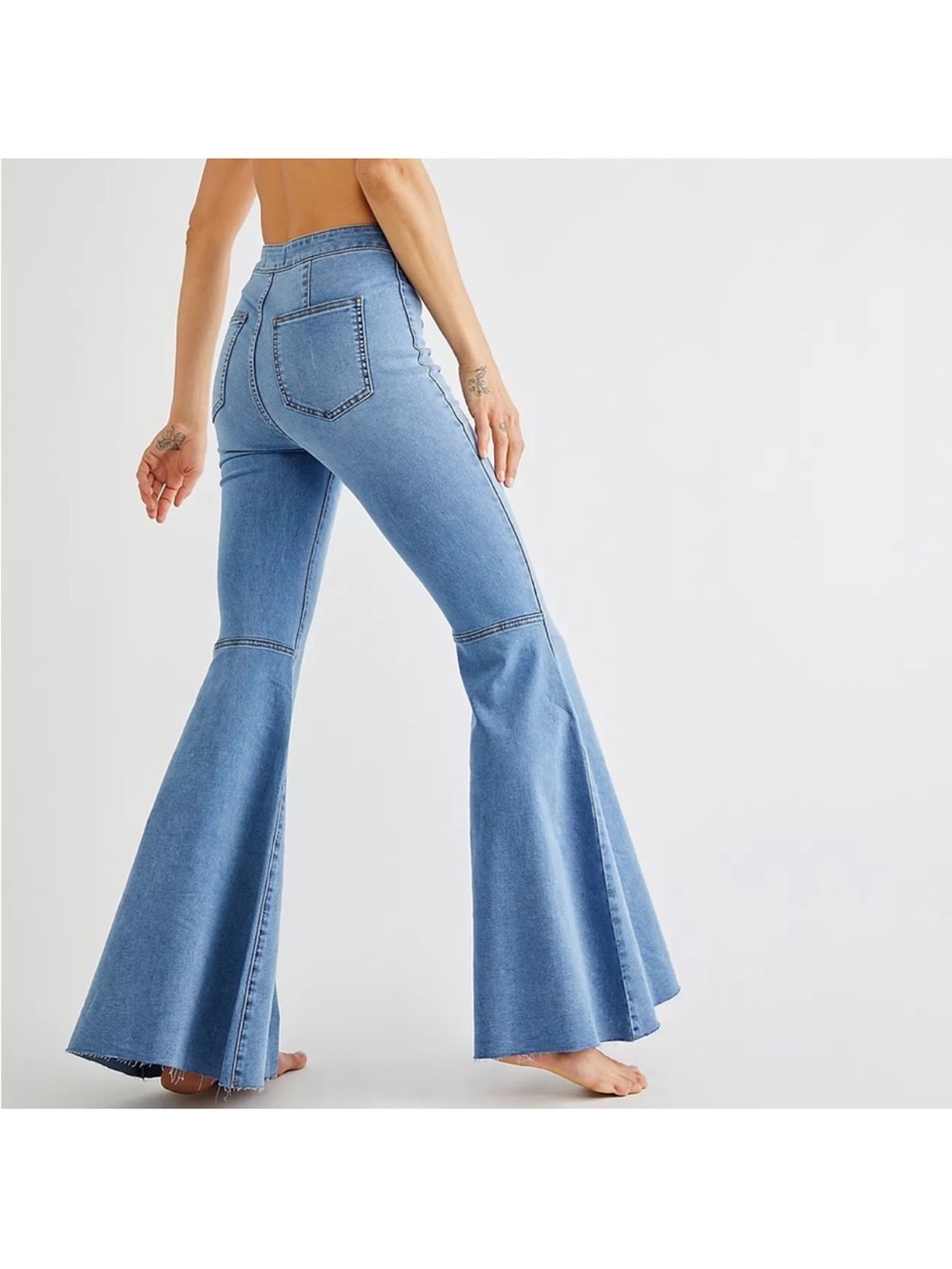 We The Free Light Wash Jeans, High Rise Flare Bell Bottom Raw Hem, size 25
